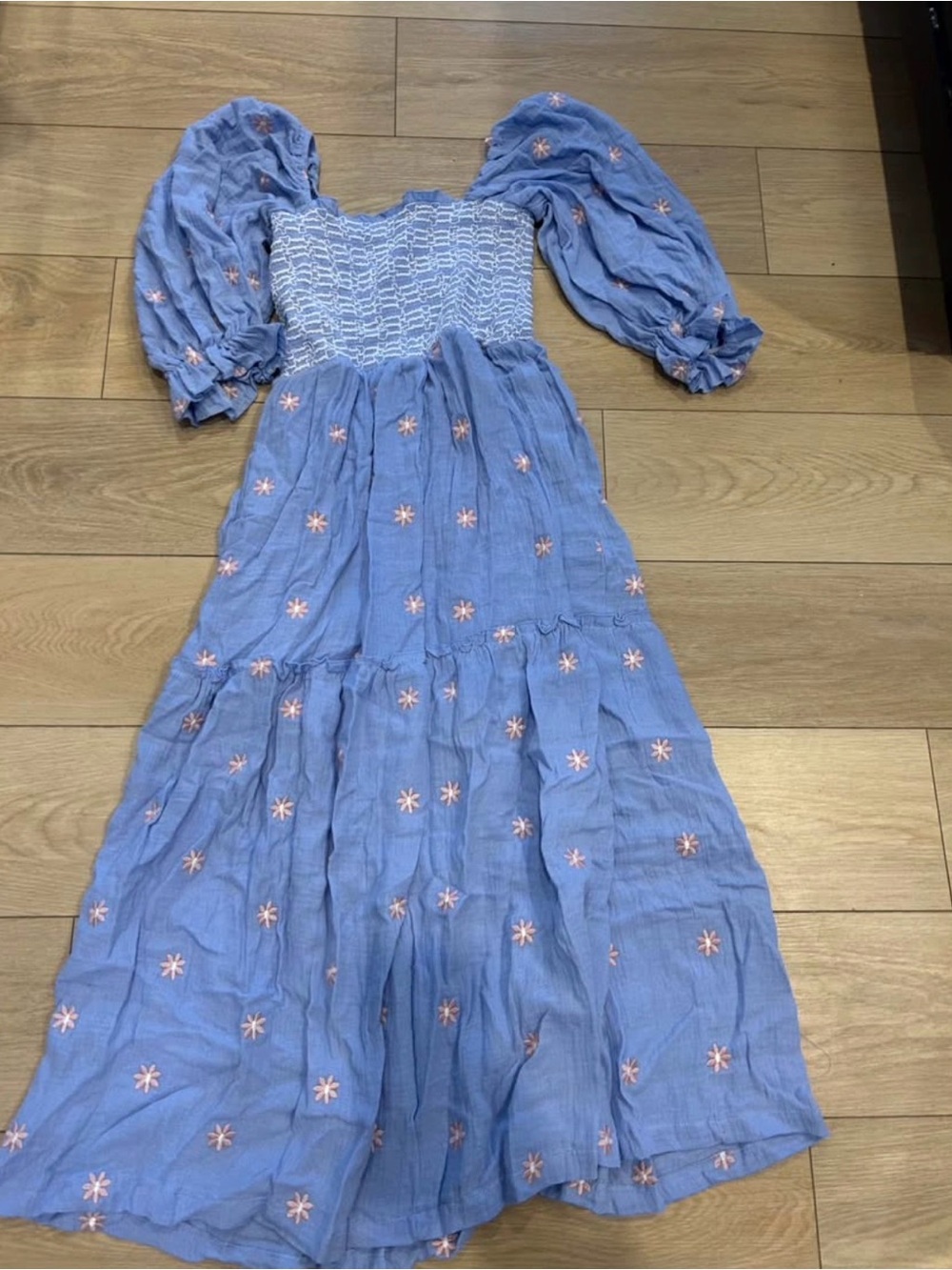 Smocked Puff-Sleeve Maxi Dress in Periwinkle with Pink Embroidery